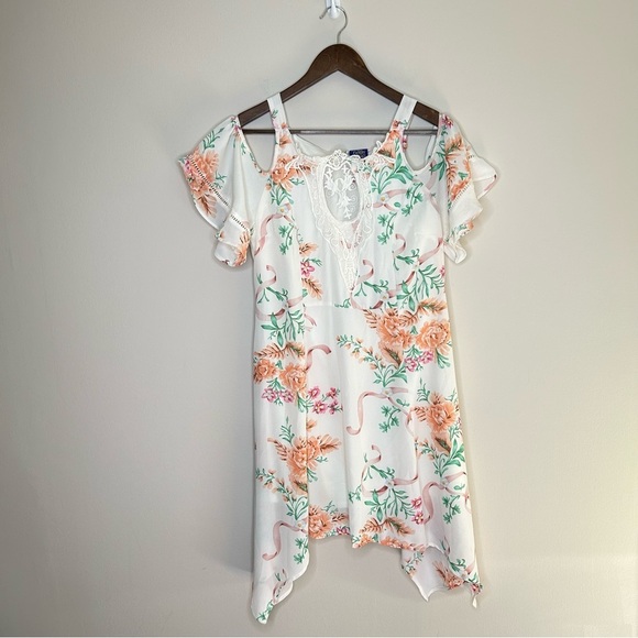 Beauty and the Beast Floral Dress Cold Shoulder Asymmetrical Hem Medium - Picture 2 of 10